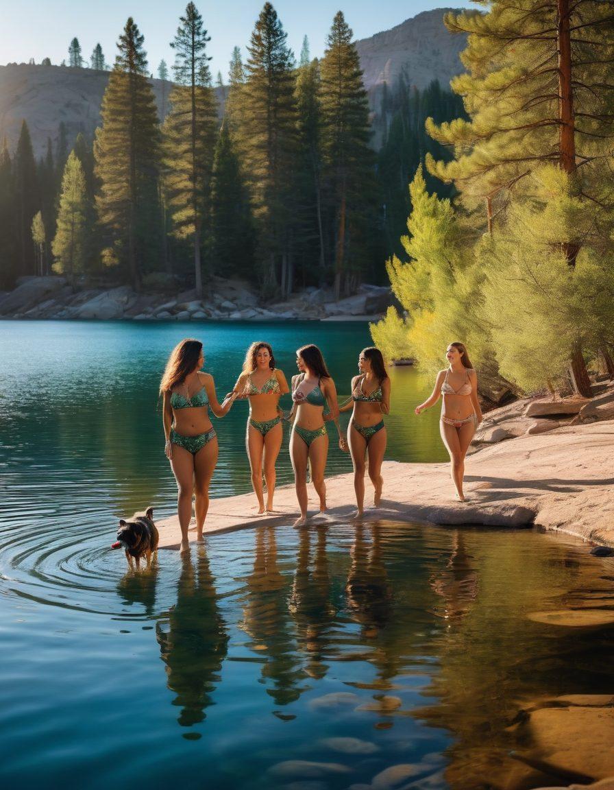 A picturesque scene showcasing a stunning Colorado mountain backdrop, with a radiant sunset casting golden hues. In the foreground, a diverse group of women of different ethnicities models a variety of stylish bikinis, each uniquely designed to complement the vibrant summer environment. Lush green pine trees and a clear blue lake add to the richness of the setting. A playful dog splashes in the water, enhancing the joyful vibe. super-realistic. vibrant colors. nature-focused.