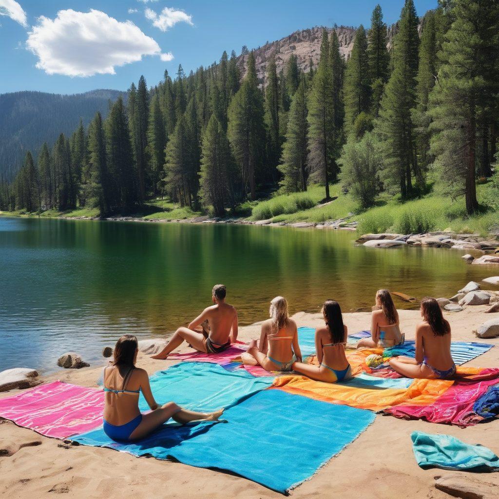 A sun-kissed Colorado landscape, featuring a serene mountain lake surrounded by lush pine trees. In the foreground, a diverse group of cheerful people of various ages showcasing trendy swimwear, enjoying the summer vibes. Colorful towels and beach accessories scattered around, with clear blue skies overhead. The scene should evoke feelings of joy, relaxation, and the beauty of summer outdoors. vibrant colors. super-realistic.